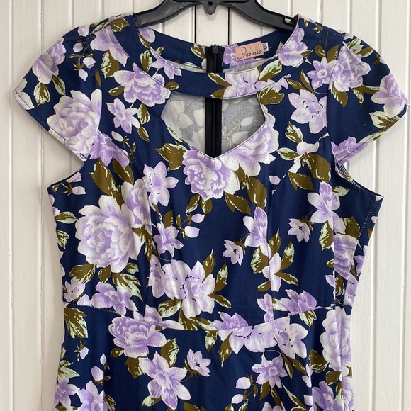 Navy Blue Floral Midi Dress - Large - Picture 3 of 8